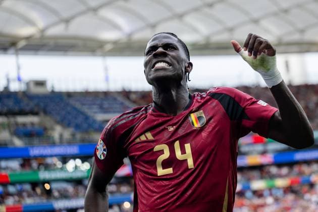 240617 Amadou Onana of Belgium celebrates a goal that was later disallowed during the UEFA Euro 2024 Football Championship match between Belgium and Slovakia on June 17, 2024 in Frankfurt Photo Mathias Bergeld BILDBYRAN kod MB MB0937 fotboll football soccer fotballs em europamästerskap em uefa euro uefa european football championship euro 2024 belgien belgium slovakien slovakia bbeng jubel  Copyright: MATHIASxBERGELD BB240617MB084