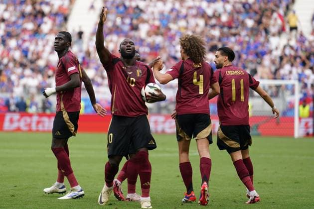 2024-06-17 Belgium v Slovakia - Group E - UEFA EURO, EM, Europameisterschaft,Fussball 2024 FRANKFURT, GERMANY - JUNE 17: Romelu Lukaku of Belgium celebrates after scoring the goal but it was offside during the Group E - UEFA EURO 2024 match between Belgium and Slovakia at Deutsche Bank Park on June 17, 2024 in Frankfurt, Germany. (Photo by Joris Verwijst BSR Agency) Frankfurt Germany Content not available for redistribution in The Netherlands directly or indirectly through any third parties. Copyright: xBSRxAgencyx