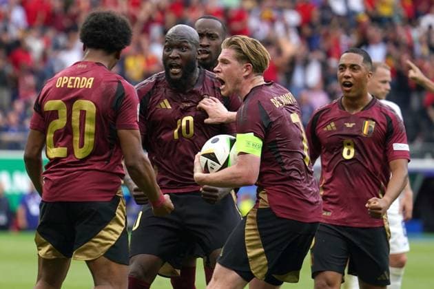 2024-06-17 Belgium v Slovakia - Group E - UEFA EURO, EM, Europameisterschaft,Fussball 2024 FRANKFURT, GERMANY - JUNE 17: Romelu Lukaku of Belgium after scoring the goal but it was offside during the Group E - UEFA EURO 2024 match between Belgium and Slovakia at Deutsche Bank Park on June 17, 2024 in Frankfurt, Germany. (Photo by Joris Verwijst BSR Agency) Frankfurt Germany Content not available for redistribution in The Netherlands directly or indirectly through any third parties. Copyright: xBSRxAgencyx