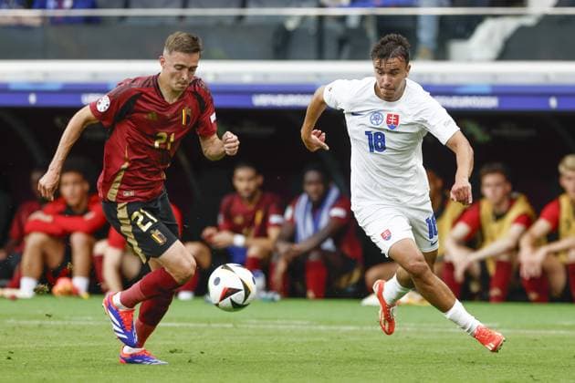 FRANKFURT, Arena Frankfurt, 17-06-2024 , European Football Championship Euro2024, Group stage match no.9 between Belgium and Slovakia. Belgium player Timothy Castagne and Slovakia player David Strelec Belguim - Slovakia (Euro2024)  x25518649x Copyright: