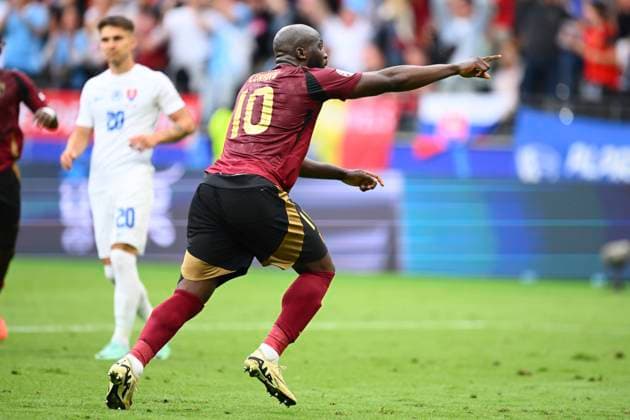 Belgium v Slovakia Group E - UEFA EURO, EM, Europameisterschaft,Fussball 2024 FRANKFURT AM MAIN, GERMANY - JUNE 17 : Lukaku Romelu forward of Belgium celebrates scoring a goal (but goal cancelled) during the UEFA EURO 2024 European Football Championship tournament group E stage match between Belgium and Slovakia at Frankfurt Arena on June 17, 2024 in Frankfurt am Main, Germany, 17 06 2024 Frankfurt am Main Germany  Copyright: xVincentxKalutx