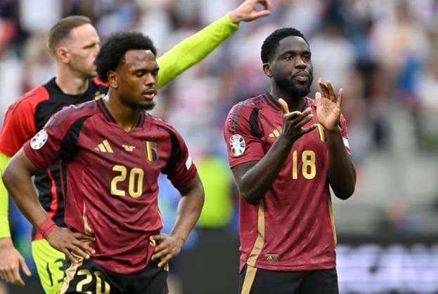 Belgium v Slovakia Group E - UEFA EURO, EM, Europameisterschaft,Fussball 2024 FRANKFURT AM MAIN, GERMANY - JUNE 17 : Openda Lois forward of Belgium and Mangala Orel midfielder of Belgium during the UEFA EURO 2024 European Football Championship tournament group E stage match between Belgium and Slovakia at Frankfurt Arena on June 17, 2024 in Frankfurt am Main, Germany, 17 06 2024 Frankfurt am Main Germany  Copyright: xDhax