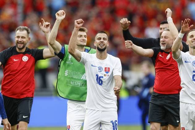 FRANKFURT, Arena Frankfurt, 17-06-2024 , European Football Championship Euro2024, Group stage match no.9 between Belgium and Slovakia. Slovakia player David Hancko celebrate the victory against Belgium, end result 0-1 Belguim - Slovakia (Euro2024)  x25518720x Copyright: