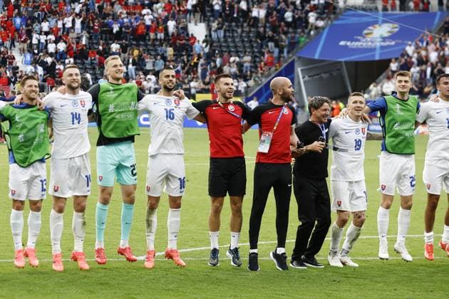 FRANKFURT, Arena Frankfurt, 17-06-2024 , European Football Championship Euro2024, Group stage match no.9 between Belgium and Slovakia. Slovakia players celebrate the victory Belguim - Slovakia (Euro2024)  x25518759x Copyright: