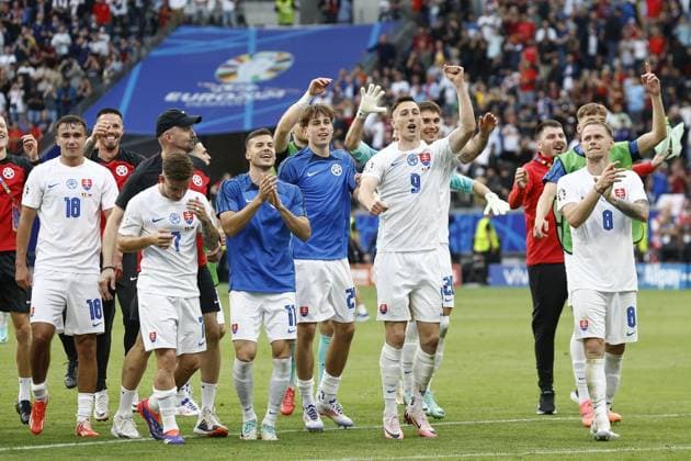 FRANKFURT, Arena Frankfurt, 17-06-2024 , European Football Championship Euro2024, Group stage match no.9 between Belgium and Slovakia. Slovakia players celebrate the victory Belguim - Slovakia (Euro2024)  x25518761x Copyright: