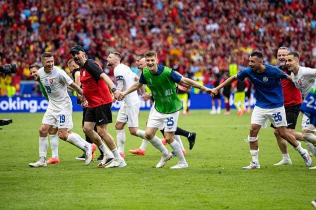 Final score 0 1 Slovakia defeats Belgium Mega jubilation in the team of Slovakia Sebastian Kosa Slovakia 25 , Ivan Schranz Slovakia 26 , Juraj Kuco Slovakia 19 GER, Belgium BEL vs Slovakia SVK , European Football Championship, UEFA EURO 2024, Group E, 1 Matchday, 17 06 2024 DFB DFL REGULATIONS PROHIBIT ANY USE OF PHOTOGRAPHS AS IMAGE SEQUENCES AND OR QUASI VIDEO GER, Belgium BEL vs Slovakia SVK , European Football Championship, UEFA EURO 2024, Group E, 1 Matchday, 17 06 2024 Frankfurt Copyright: xEibner-Pressefoto RogerxBuerkex EP