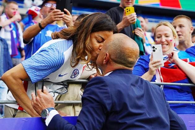 Slovakia s head coach Francesco Calzona kiss his wife after the Euro 2024 soccer match between Belgium and Slovakia at the Frankfurt Arena , Frankfurt , Germany - Monday 17 , June , 2024. - Soccer .  Copyright: xSpada LaPressex
