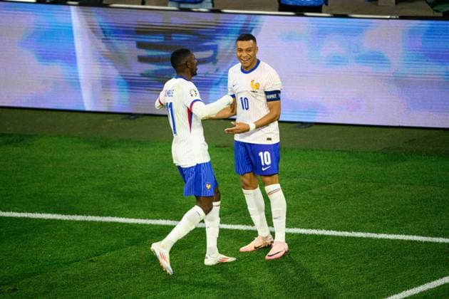 DUESSELDORF, GERMANY - 1 JANUARY, 2023: Kylian Mbappe, The football match of EURO 2024 Austria vs France at Mercur Spiel Arena  Copyright: xVITALIIxKLIUIEVx