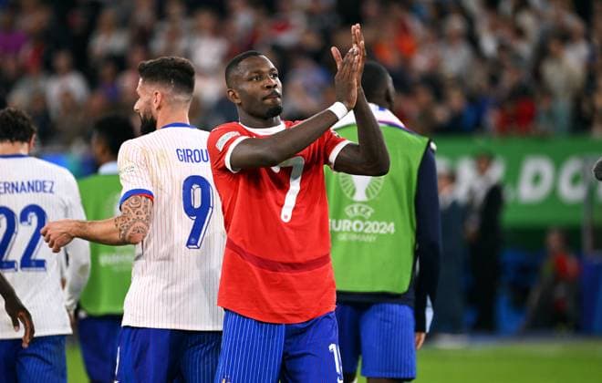 Football, European Championship, EURO 2024, Group D, Merkur Spiel Arena Düsseldorf Austria France 0 1 Marcus Thuram FRA cheers, joy, action at the end of the match