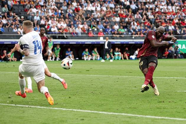 Romelu Lukaku of Belgium scores a goal which was disallowed for handball by Loïs Openda Belgium v Slovakia, UEFA European Championship, EM, Europameisterschaft 2024, Group E, Football, Frankfurt Arena, Frankfurt, Germany, 17 Jun 2024 EDITORIAL USE ONLY No use with unauthorised audio, video, data, fixture lists, club league logos or live services. Online in-match use limited to 120 images, no video emulation. No use in betting, games or single club league player publications. Copyright: xPaulxCurrie Shutterstockx 14539658jz