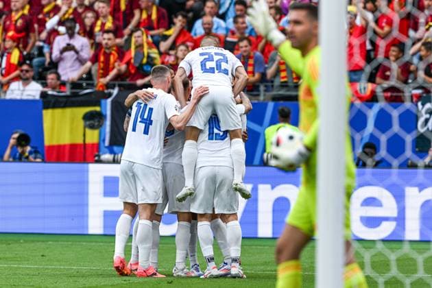 240617 EURO2024 BELGIUM VS SLOVAKIA Ivan Schranz (26) of Slovakia scores 0-1 and Slovakia can celebrate during a soccer game between the national teams of Belgium, called the Red Devils and Slovakia on the first matchday in Group E in the group stage of the UEFA EURO, EM, Europameisterschaft,Fussball 2024 tournament , on Monday 17 June 2024 in Frankfurt , Germany . PHOTO SPORTPIX Stijn Audooren Frankfurt Frankfurt Arena Germany  Copyright: xSportpix.bex xStijnxAudoorenxStijnxAudoorenx