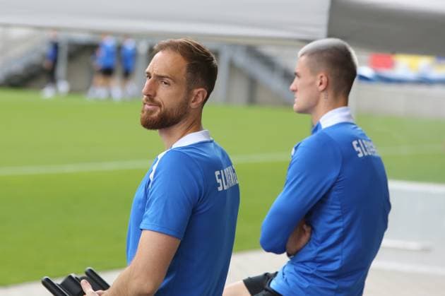Euro 2024, Slovenian national team, base camp in Wuppertal, 17 06 2024 Jan Oblak and Benjamin Sesko Slovenia training on the home trainer at the stadium at Wuppertal Zoo
