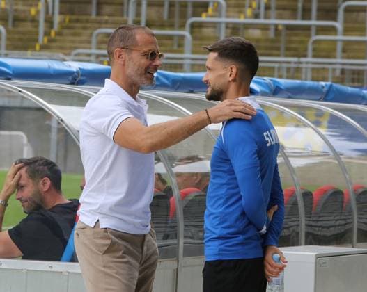 Euro 2024, Slovenian national team, Base Camp in Wuppertal, 17 06 2024 UEFA President Alexander Ceferin on the left with Petar Stojanoviv visited the Slovenian team during training at the stadium at Wuppertal Zoo