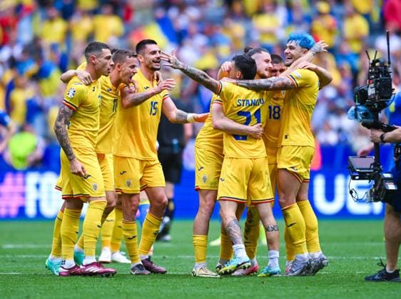 Andrei Burca Romania , Nicusor Bancu Romania , Florinel Coman Romania , Nicolae Stanciu Romania , Radu Dragusin Romania and Andrei Ratiu Romania celebrate the win, UEFA EURO 2024 Group E, Romania vs Ukraine, Fussball Arena Muenchen on June 17, 2024 in Munich, Germany Photo by Silas Schueller DeFodi Images Andrei Burca Romania , Nicusor Bancu Romania , Florinel Coman Romania , Nicolae Stanciu Romania , Radu Dragusin Romania and Andrei Ratiu Romania celebrate the win and smile, UEFA EURO 2024 Group E, Romania vs Ukraine, Munich Football Arena on June 17, 2024 in Munich, Germany Photo by Silas Schueller DeFodi Images Muenchen Munich Football Arena Bavaria Germany