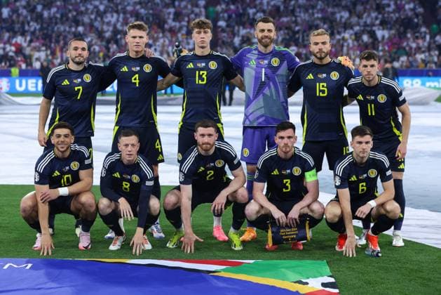 Soccer UEFA EURO 2024 Group Stage 1 Matchday Opening match Germany Scotland on 14 06 2024 at the Munich Football Arena in Munich Team photo Team photo Scotland back row f l n r John McGinn Scott McTominay Jack Hendry Angus Gunn Ryan Porteous Ryan Porteous Ryan Christie front row f l n r Che Adams Callum McGregor Anthony Ralston Andrew Robertson Kieran Tierney xMSx
