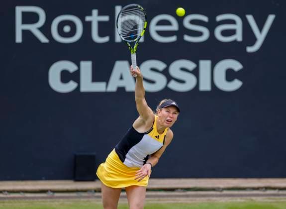 18th June 2024; Edgbaston Priory Club, Birmingham, England: Rothesay Tennis Classic Birmingham, Day 2; Caroline Wozniacki (DNK) serves in her womens singles match against Elise Mertens (BEL)  ActionPlus12656135 RogerxEvans