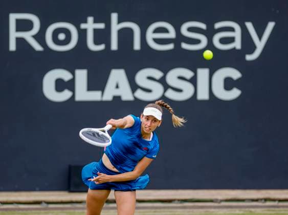 18th June 2024; Edgbaston Priory Club, Birmingham, England: Rothesay Tennis Classic Birmingham, Day 2; Elise Mertens (BEL) serves in her womens singles match against Caroline Wozniacki (DNK)  ActionPlus12656146 RogerxEvans