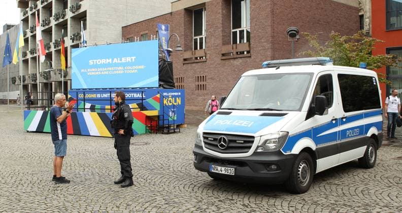 On a digital information board, the city of Cologne announces that the Euro 2024 fan festival will remain closed on Tuesday due to a storm warning Cologne North Rhine-Westphalia
