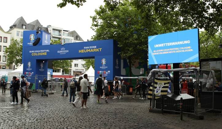 On a digital information board at Heumarkt, the city of Cologne announces that the Euro 2024 fan festival will remain closed on Tuesday due to a storm warning Cologne North Rhine-Westphalia