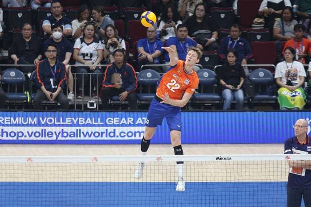 PH: Brazil Outlasts Netherlands in Four Sets during VNL 2024 Match Twan Wiltenburg 22, Orange of Netherlands spikes the ball during their VNL match against Brasil. Pasay City Metro Manila Philippines Copyright: DennisxJeromexAcosta
