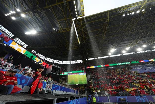 Rain water comes in through the roof before the start of the match Turkiye v Georgia, UEFA European Championship, EM, Europameisterschaft 2024, Group F, Football, BVB Stadion, Dortmund, Germany, 18 Jun 2024 EDITORIAL USE ONLY No use with unauthorised audio, video, data, fixture lists, club league logos or live services. Online in-match use limited to 120 images, no video emulation. No use in betting, games or single club league player publications. Copyright: xPaulxCurrie Shutterstockx 14543470p