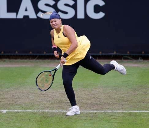 18th June 2024; Edgbaston Priory Club, Birmingham, England: Rothesay Tennis Classic Birmingham, Day 2; Diana Shnaider serves in her womens singles match against Amelia Rajecki (GBR)  ActionPlus12656331 RogerxEvans
