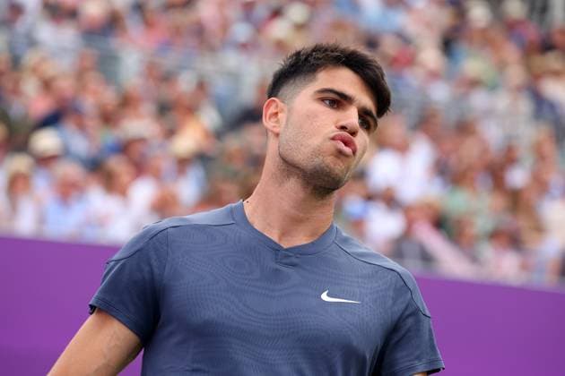 18th June 2024; Cinch Championships, Queens Club, West Kensington, London, England: Cinch Championships Queens Club, Day 2; Carlos Alcaraz (ESP) reacts in his mens singles match against Francisco Cerundolo (ARG)  ActionPlus12656356 JohnxPatrickxFletcher