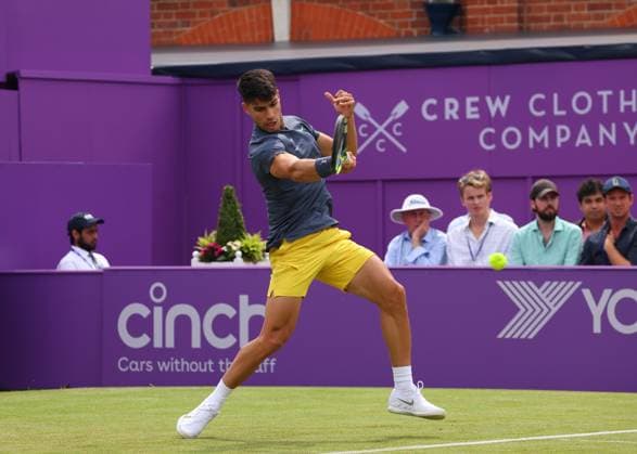 18th June 2024; Cinch Championships, Queens Club, West Kensington, London, England: Cinch Championships Queens Club, Day 2; Carlos Alcaraz (ESP) with a forehand shot to Francisco Cerundolo (ARG), mens singles match  ActionPlus12656359 JohnxPatrickxFletcher