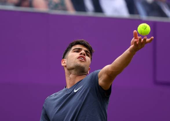 18th June 2024; Cinch Championships, Queens Club, West Kensington, London, England: Cinch Championships Queens Club, Day 2; Carlos Alcaraz (ESP) serves to Francisco Cerundolo (ARG), mens singles match  ActionPlus12656362 JohnxPatrickxFletcher