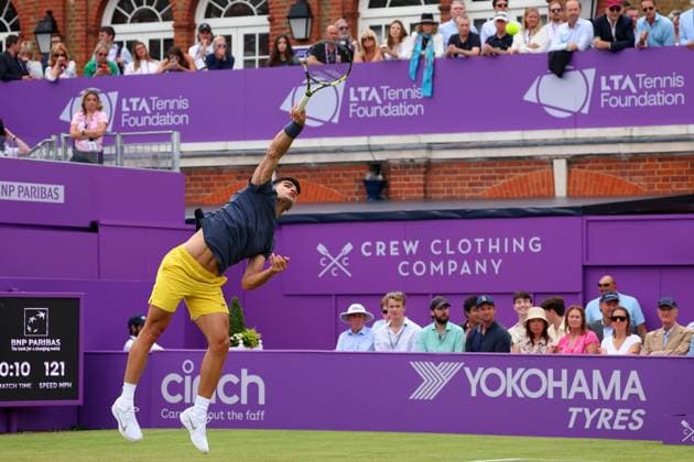 18th June 2024; Cinch Championships, Queens Club, West Kensington, London, England: Cinch Championships Queens Club, Day 2; Carlos Alcaraz (ESP) serves to Francisco Cerundolo (ARG), mens singles match  ActionPlus12656366 JohnxPatrickxFletcher