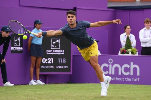 18th June 2024; Cinch Championships, Queens Club, West Kensington, London, England: Cinch Championships Queens Club, Day 2; Carlos Alcaraz (ESP) with a forehand shot to Francisco Cerundolo (ARG), mens singles match  ActionPlus12656371 JohnxPatrickxFletcher