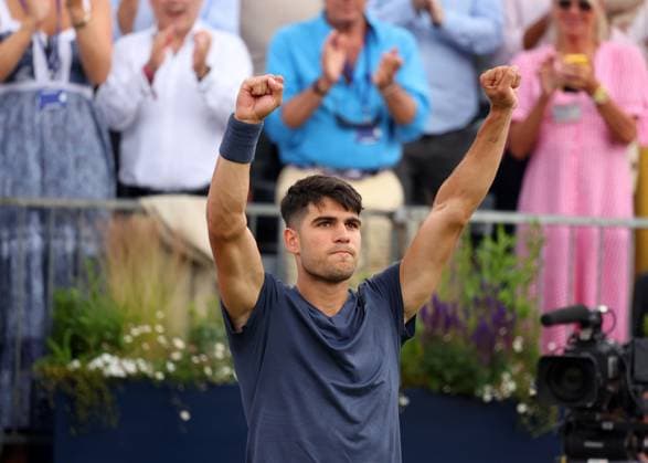 18th June 2024; Cinch Championships, Queens Club, West Kensington, London, England: Cinch Championships Queens Club, Day 2; Carlos Alcaraz (ESP) celebrates after defeating Francisco Cerundolo (ARG) by two sets to reach the next round, mens singles match  ActionPlus12656377 JohnxPatrickxFletcher