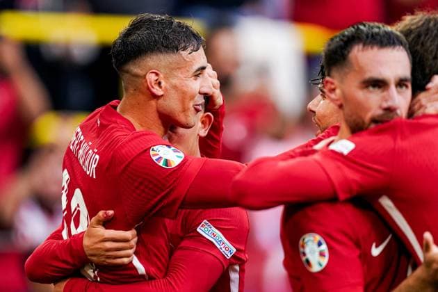 2024-06-18 Turkiye v Georgia - Group F - UEFA EURO, EM, Europameisterschaft,Fussball 2024 DORTMUND, GERMANY - JUNE 18: Mert Muldur of Turkiye celebrates after scoring his teams first goal during the Group F - UEFA EURO 2024 match between Turkiye and Georgia at BVB Stadion Dortmund on June 18, 2024 in Dortmund, Germany. (Photo by Joris Verwijst BSR Agency) Dortmund Germany Content not available for redistribution in The Netherlands directly or indirectly through any third parties. Copyright: xBSRxAgencyx