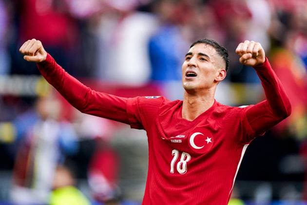2024-06-18 Turkiye v Georgia - Group F - UEFA EURO, EM, Europameisterschaft,Fussball 2024 DORTMUND, GERMANY - JUNE 18: Mert Muldur of Turkiye celebrates after scoring his teams first goal during the Group F - UEFA EURO 2024 match between Turkiye and Georgia at BVB Stadion Dortmund on June 18, 2024 in Dortmund, Germany. (Photo by Joris Verwijst BSR Agency) Dortmund Germany Content not available for redistribution in The Netherlands directly or indirectly through any third parties. Copyright: xBSRxAgencyx