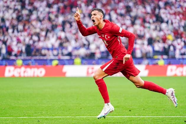 2024-06-18 Turkiye v Georgia - Group F - UEFA EURO, EM, Europameisterschaft,Fussball 2024 DORTMUND, GERMANY - JUNE 18: Mert Muldur of Turkiye celebrates after scoring his teams first goal during the Group F - UEFA EURO 2024 match between Turkiye and Georgia at BVB Stadion Dortmund on June 18, 2024 in Dortmund, Germany. (Photo by Joris Verwijst BSR Agency) Dortmund Germany Content not available for redistribution in The Netherlands directly or indirectly through any third parties. Copyright: xBSRxAgencyx