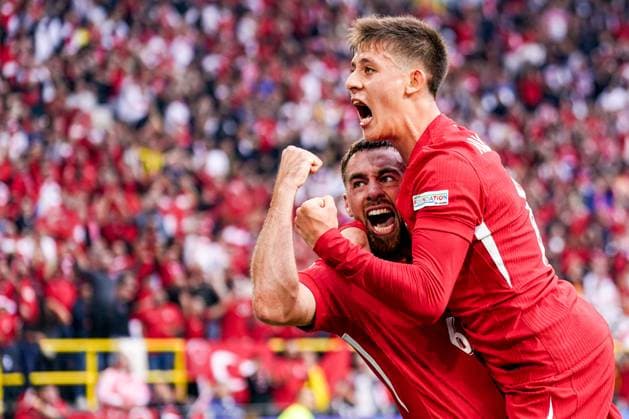 2024-06-18 Turkiye v Georgia - Group F - UEFA EURO, EM, Europameisterschaft,Fussball 2024 DORTMUND, GERMANY - JUNE 18: Orkun Kokcu of Turkiye and Arda Guler of Turkiye celebrating goal (cancelled by VAR) during the Group F - UEFA EURO 2024 match between Turkiye and Georgia at BVB Stadion Dortmund on June 18, 2024 in Dortmund, Germany. (Photo by Joris Verwijst BSR Agency) Dortmund Germany Content not available for redistribution in The Netherlands directly or indirectly through any third parties. Copyright: xBSRxAgencyx