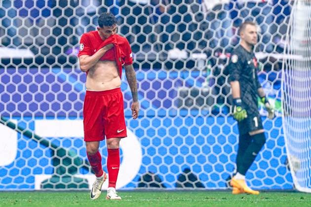 2024-06-18 Turkiye v Georgia - Group F - UEFA EURO, EM, Europameisterschaft,Fussball 2024 DORTMUND, GERMANY - JUNE 18: Samet Akaydin of Turkiye looks dejected after conceding his sides first goal during the Group F - UEFA EURO 2024 match between Turkiye and Georgia at BVB Stadion Dortmund on June 18, 2024 in Dortmund, Germany. (Photo by Joris Verwijst BSR Agency) Dortmund Germany Content not available for redistribution in The Netherlands directly or indirectly through any third parties. Copyright: xBSRxAgencyx