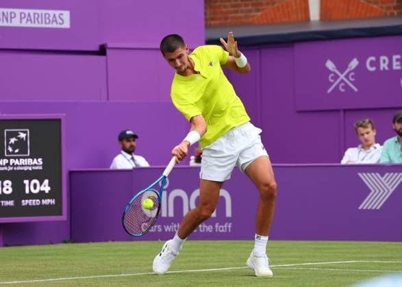 18th June 2024; Cinch Championships, Queens Club, West Kensington, London, England: Cinch Championships Queens Club, Day 2; Alexei Papyrin (AUS) with a forehand shot to Andy Murray (GBR), mens singles match  ActionPlus12656474 JohnxPatrickxFletcher