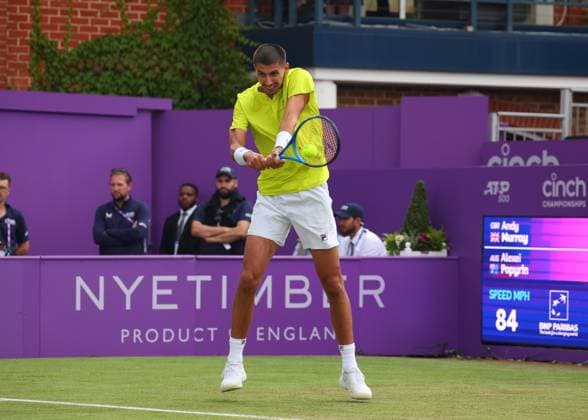 18th June 2024; Cinch Championships, Queens Club, West Kensington, London, England: Cinch Championships Queens Club, Day 2; Alexei Papyrin (AUS) with a backhand shot to Andy Murray (GBR), mens singles match  ActionPlus12656480 JohnxPatrickxFletcher