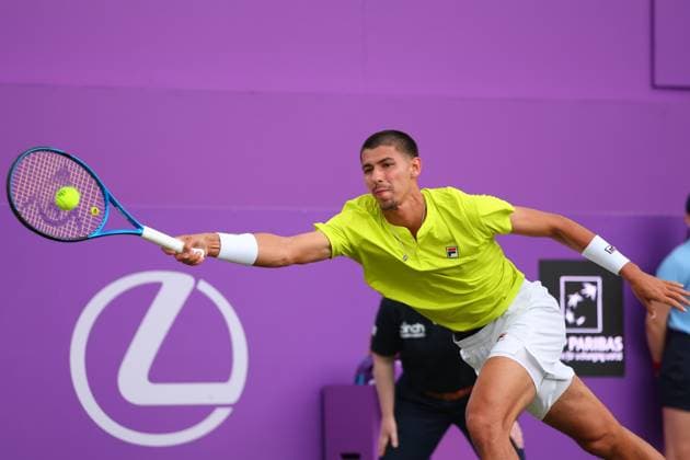 18th June 2024; Cinch Championships, Queens Club, West Kensington, London, England: Cinch Championships Queens Club, Day 2; Alexei Papyrin (AUS) with a forehand shot to Andy Murray (GBR), mens singles match  ActionPlus12656482 JohnxPatrickxFletcher