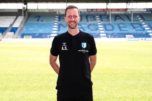Co-coach Andreas Schumacher 1 FC Magdeburg 2 Soccer Bundesliga season 2024 2025 Photo session 1 FC Magdeburg with new additions and team in the new home jersey at the AVNET Arena in Magdeburg Soccer,Man,Men,Germany,18 06 2024