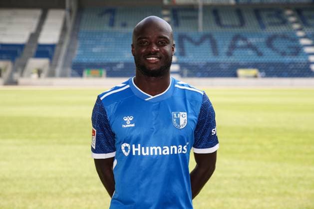 Amara Conde 1 FC Magdeburg,29 2 Soccer Bundesliga Season 2024 2025 Photo session 1 FC Magdeburg with new additions and team in the new home jersey at the AVNET Arena in Magdeburg Soccer,Man,Men,Germany,18 06 2024