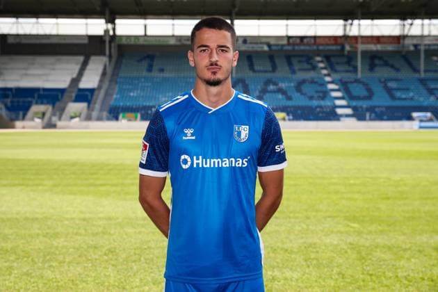 Andi Hoti 1 FC Magdeburg,3 2 Soccer Bundesliga Season 2024 2025 Photo session 1 FC Magdeburg with new additions and team in the new home jersey in the AVNET Arena in Magdeburg Soccer,Man,Men,Germany,18 06 2024