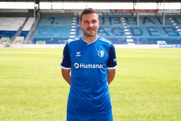 Robert Leipertz 1 FC Magdeburg,31 2 Soccer Bundesliga Season 2024 2025 Photo session 1 FC Magdeburg with new additions and team in the new home jersey at the AVNET Arena in Magdeburg Soccer,Man,Men,Germany,18 06 2024