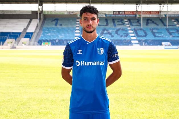 Daniel Elfadli 1 FC Magdeburg,6 2 Soccer Bundesliga Season 2024 2025 Photo session 1 FC Magdeburg with new additions and team in the new home jersey at the AVNET Arena in Magdeburg Soccer,Man,Men,Germany,18 06 2024