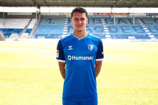 Martijn Kaars 1 FC Magdeburg,9 2 Soccer Bundesliga season 2024 2025 Photo session 1 FC Magdeburg with new additions and team in the new home jersey at the AVNET Arena in Magdeburg Soccer,Man,Men,Germany,18 06 2024