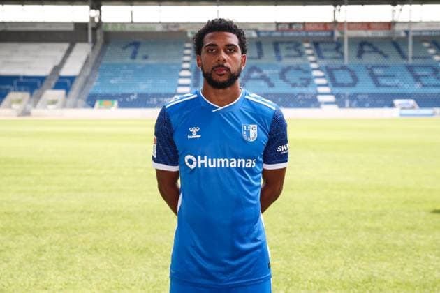 Xavier Amaechi 1 FC Magdeburg,20 2 Soccer Bundesliga Season 2024 2025 Photo session 1 FC Magdeburg with new additions and team in the new home jersey at the AVNET Arena in Magdeburg Soccer,Man,Men,Germany,18 06 2024