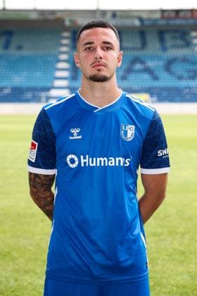 Falko Michel 1 FC Magdeburg,21 2 Soccer Bundesliga Season 2024 2025 Photo session 1 FC Magdeburg with new additions and team in the new home jersey in the AVNET Arena in Magdeburg Soccer,Man,Men,Germany,18 06 2024