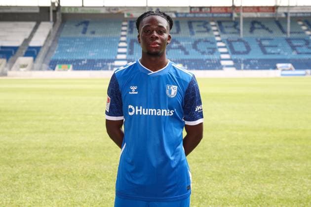 Pierre Nadjombe 1 FC Magdeburg,22 2 Soccer Bundesliga season 2024 2025 Photo session 1 FC Magdeburg with new additions and team in the new home jersey at the AVNET Arena in Magdeburg Soccer,Man,Men,Germany,18 06 2024