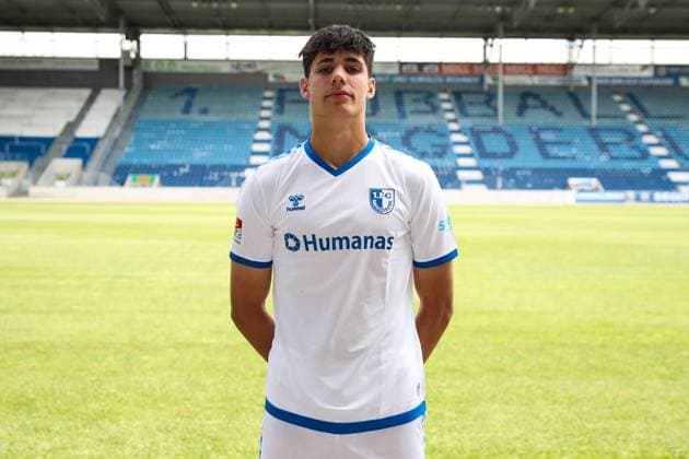 Goalkeeper Robert Kampa 1 FC Magdeburg,40 2 Soccer Bundesliga Season 2024 2025 Photo session 1 FC Magdeburg with new additions and team in the new home jersey in the AVNET Arena in Magdeburg Soccer,Man,Men,Germany,18 06 2024